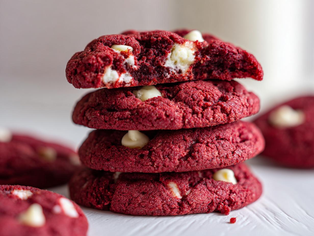 A stack of four rich, red velvet cake mix cookies studded with white chocolate chips, one cookie broken open to show the soft interior.