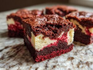 A close-up of a rich red velvet cheesecake brownies square showing the distinct red cake, white cream cheese swirl, and fudgy top.