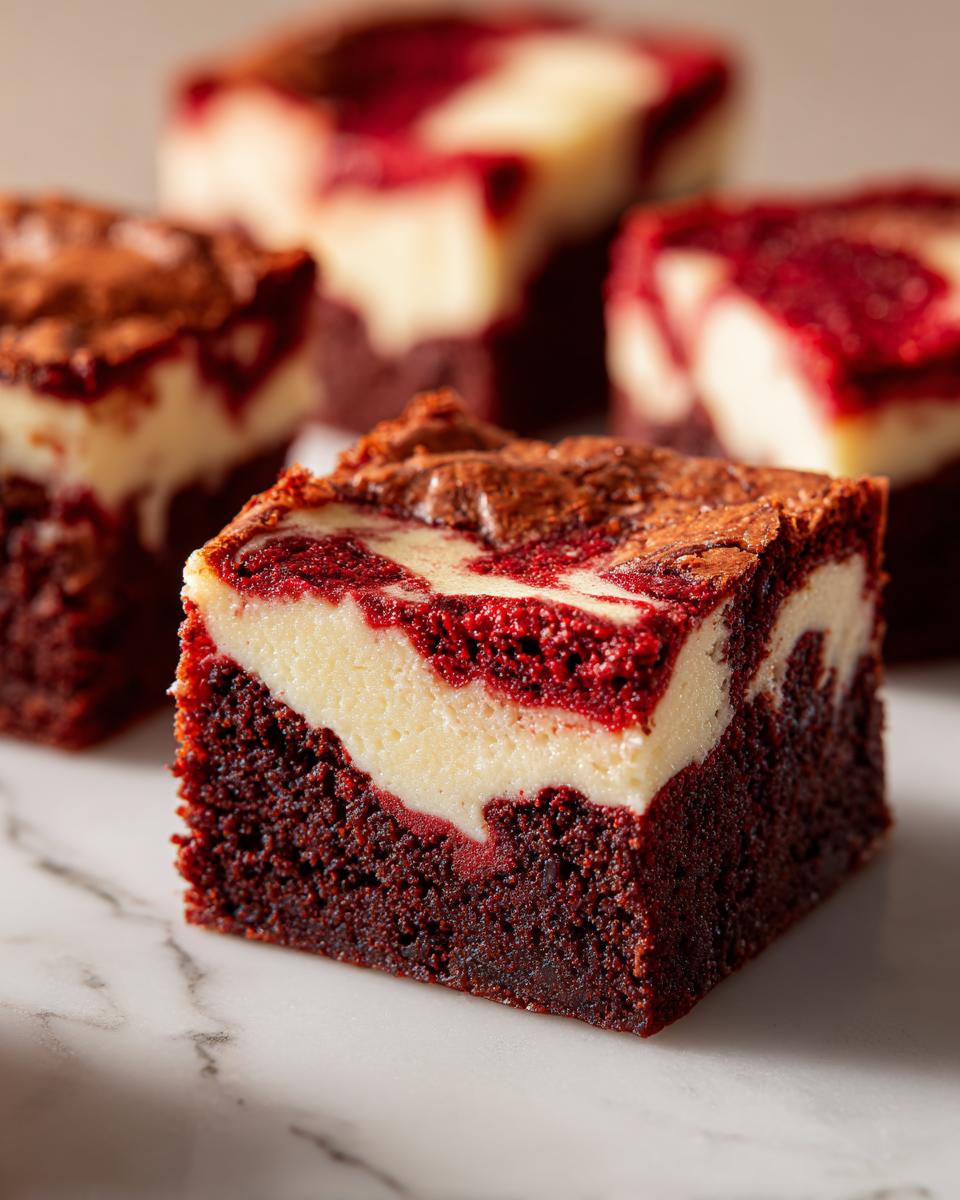 A single, rich red velvet cheesecake brownies square with a marbled red and cream cheese swirl, sitting on a white marble surface.