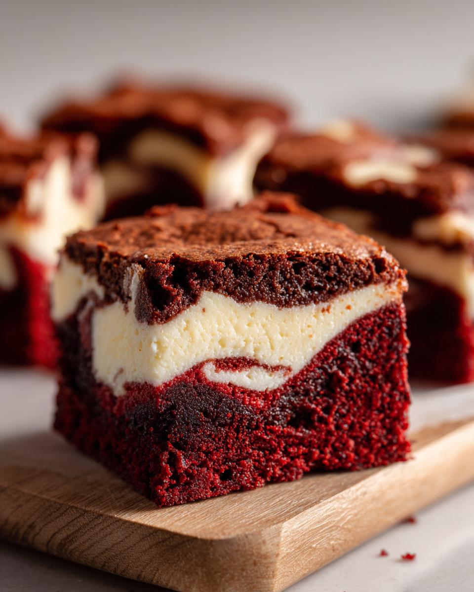 A single, rich square of red velvet cheesecake brownies showing vibrant red cake and creamy white cheesecake swirl.