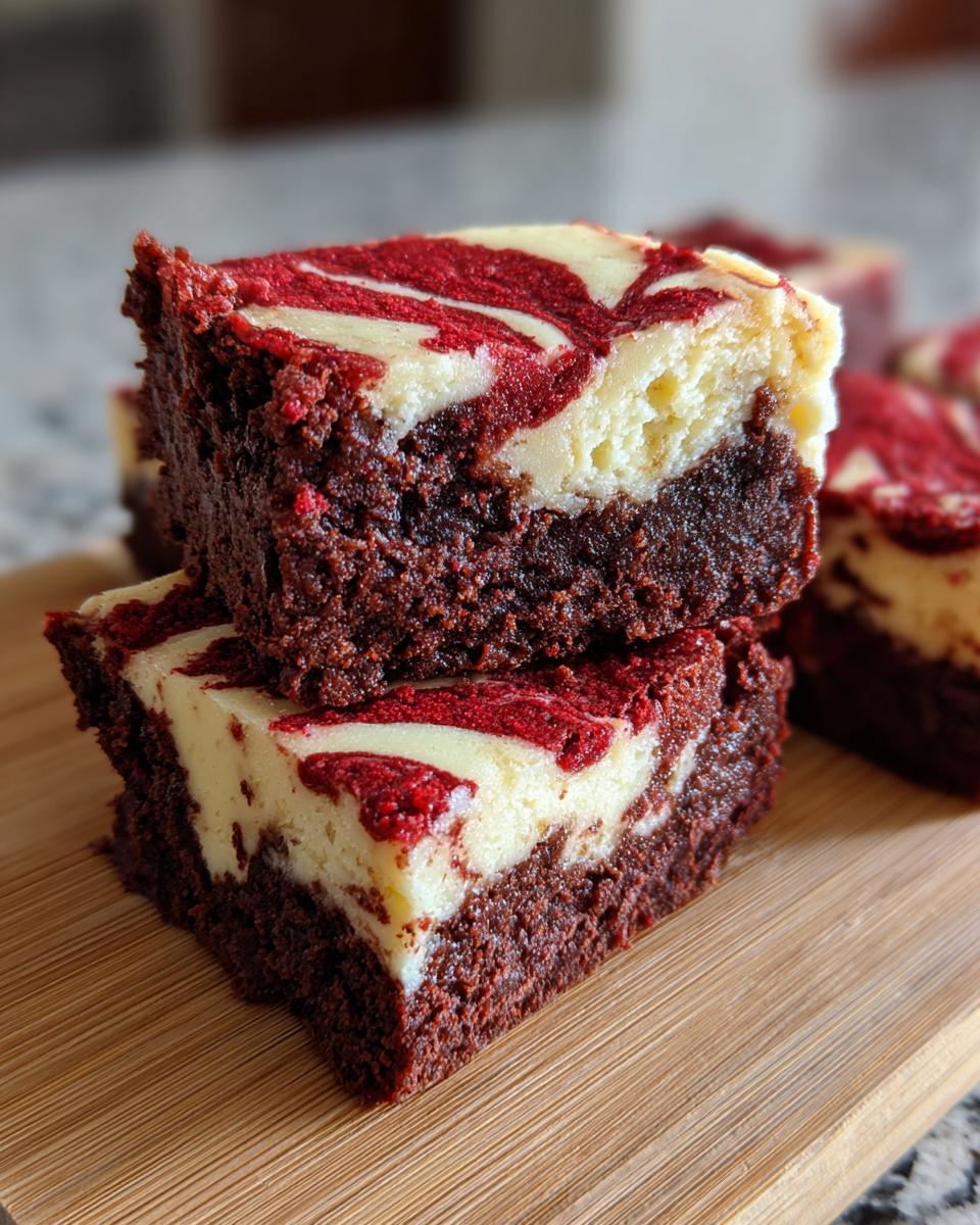 Two stacked squares of rich red velvet cheesecake brownies with a marbled red and cream cheese topping.