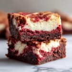 Two stacked squares of rich red velvet cheesecake brownies showing the dark brownie base and creamy marbled topping.