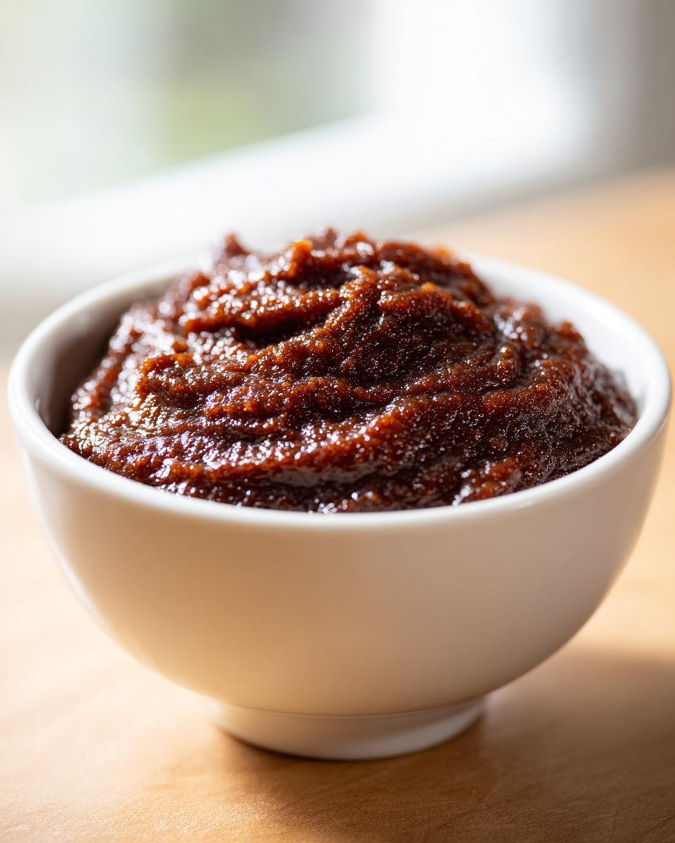 Close-up of thick, dark brown homemade apple butter served in a small white bowl.