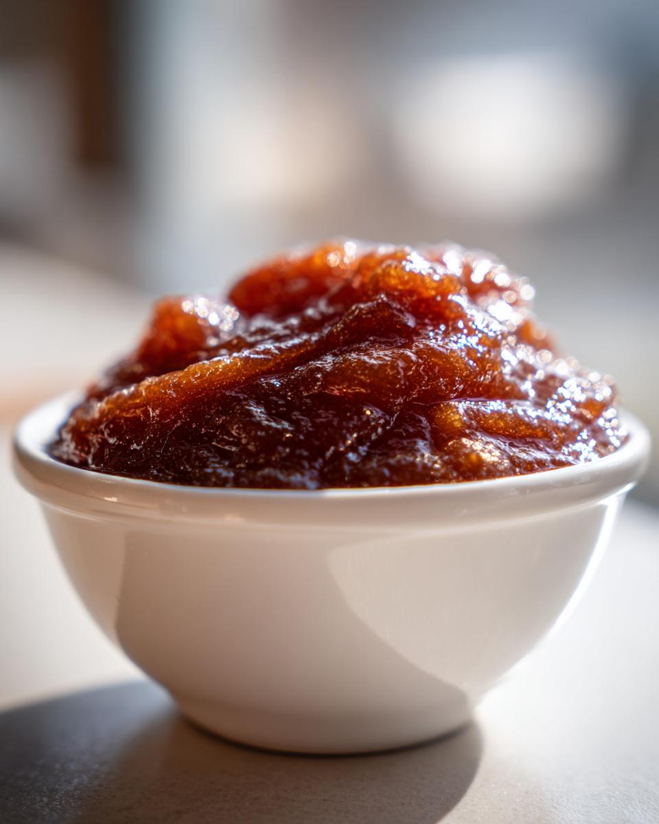 Close-up of thick, dark brown homemade apple butter served in a small white bowl.