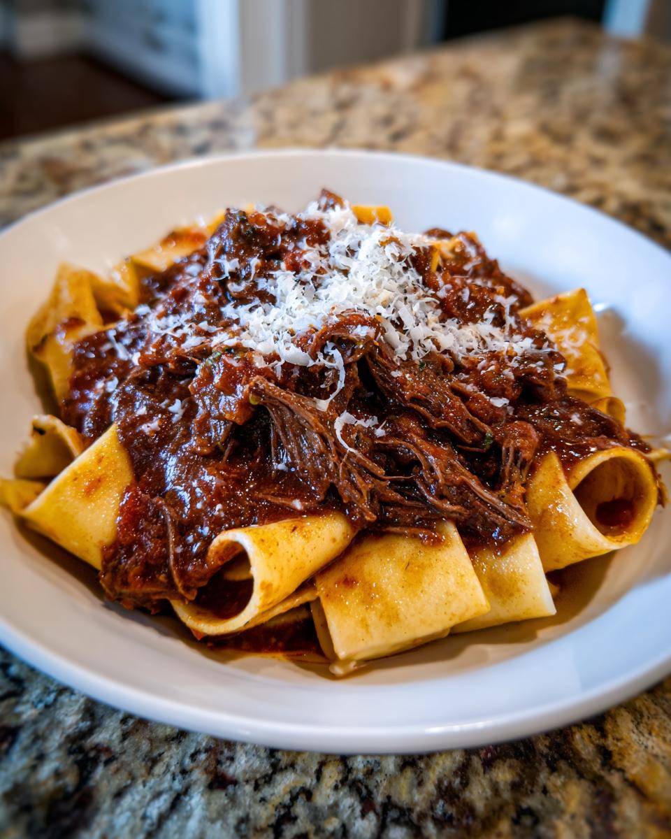 A close-up of thick pappardelle pasta topped with rich, shredded beef ragu and grated Parmesan cheese.