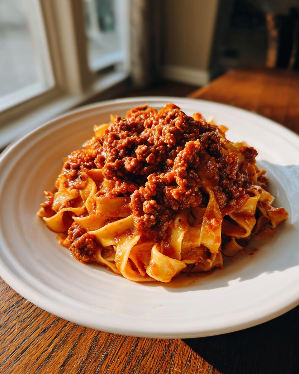 A close-up of thick pappardelle pasta generously topped with rich, slow-cooked bolognese sauce, served on a white plate.
