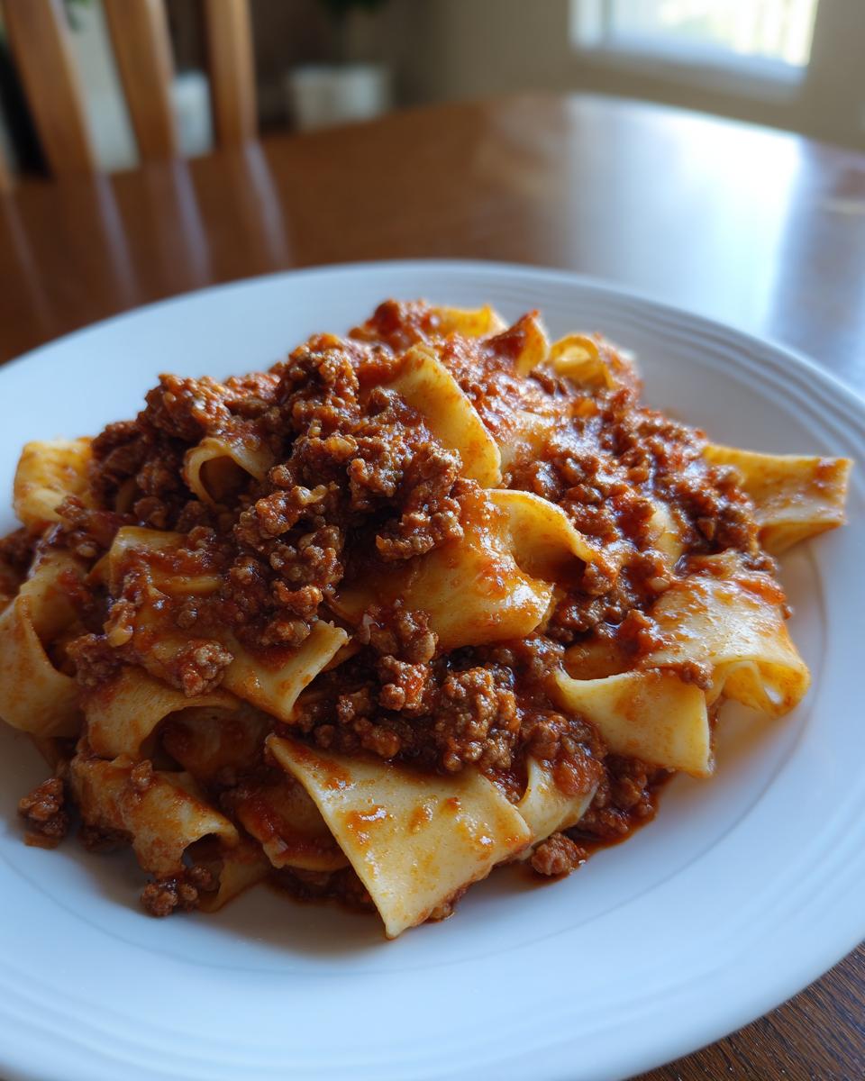 Close-up of wide pappardelle pasta generously topped with rich, meaty bolognese sauce on a white plate.