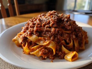 A close-up of fresh pasta topped generously with rich, meaty bolognese sauce and grated cheese.