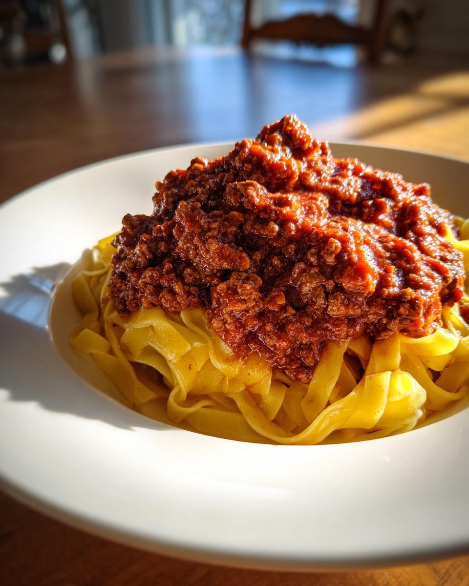 Close-up of a generous serving of rich bolognese sauce piled high on fresh yellow tagliatelle pasta in a white bowl.