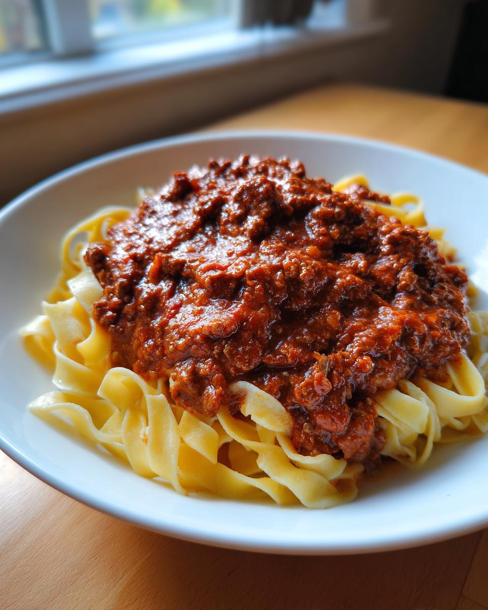 A close-up of rich, slow-cooked bolognese sauce generously spooned over a bed of fresh tagliatelle pasta.