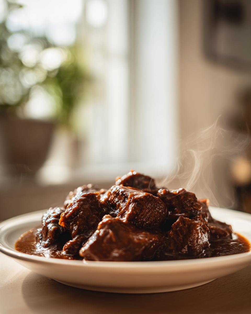 Close-up of steaming, rich brown meat chunks covered in thick gravy, possibly related to chicken gravy recipes.