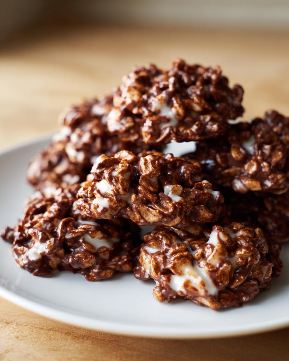 A stack of gooey, no-bake avalanche cookies covered in melted chocolate and visible white marshmallow pieces.