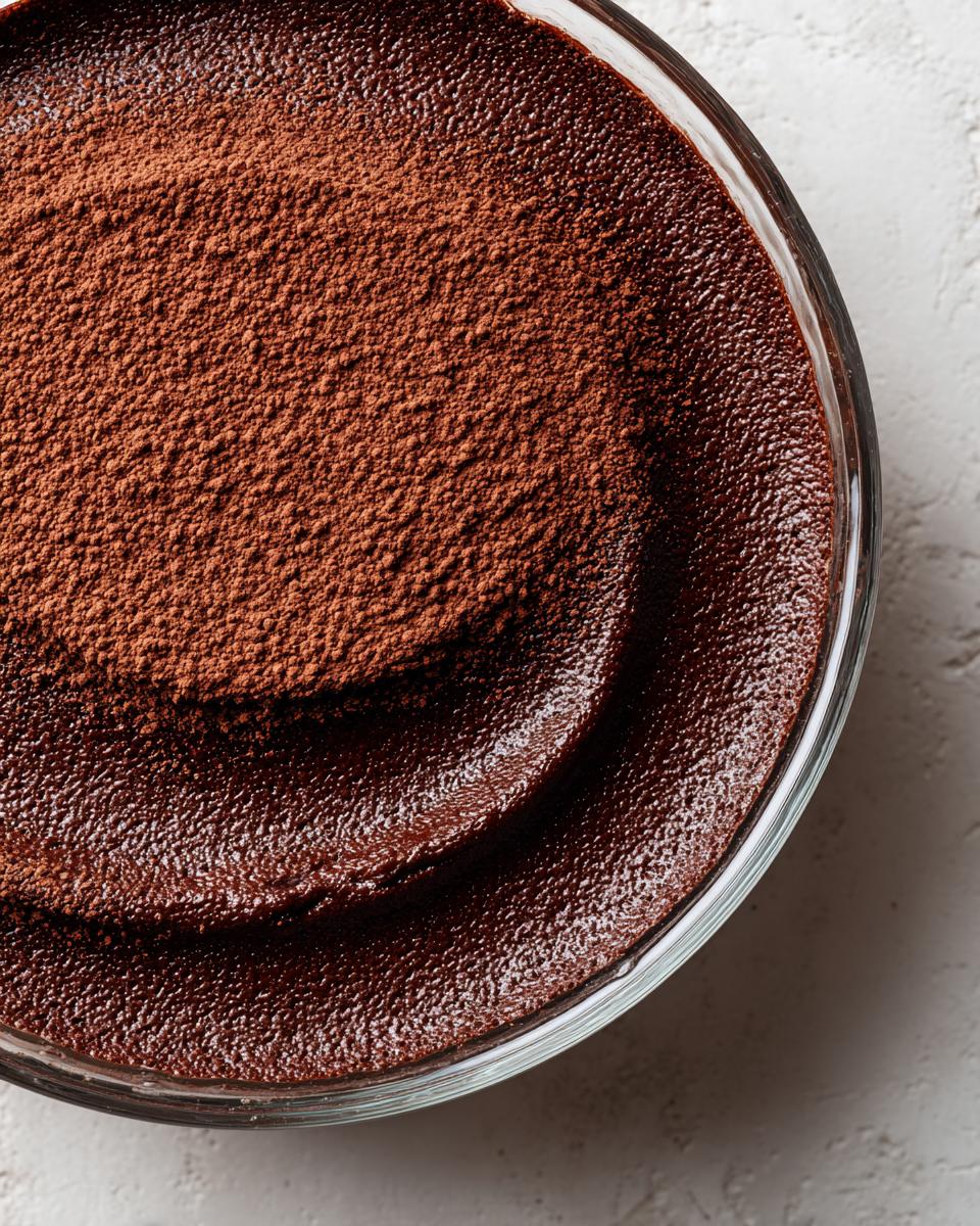 Overhead close-up of rich, dark chocolate mousse in a glass bowl, dusted with cocoa powder.