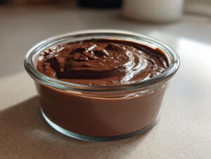 Close-up of rich, dark chocolate mousse served in a small, clear glass ramekin.