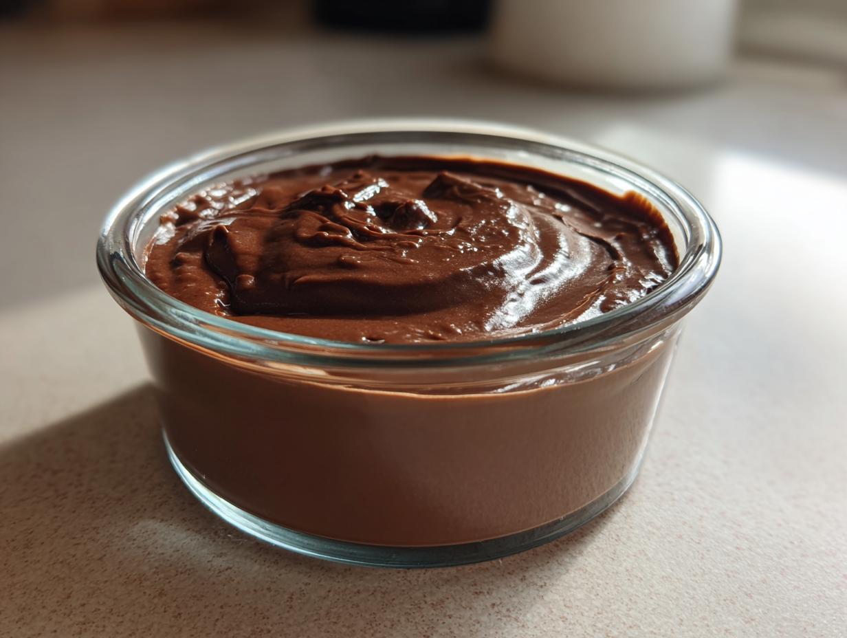 Close-up of rich, dark chocolate mousse served in a small, clear glass ramekin.