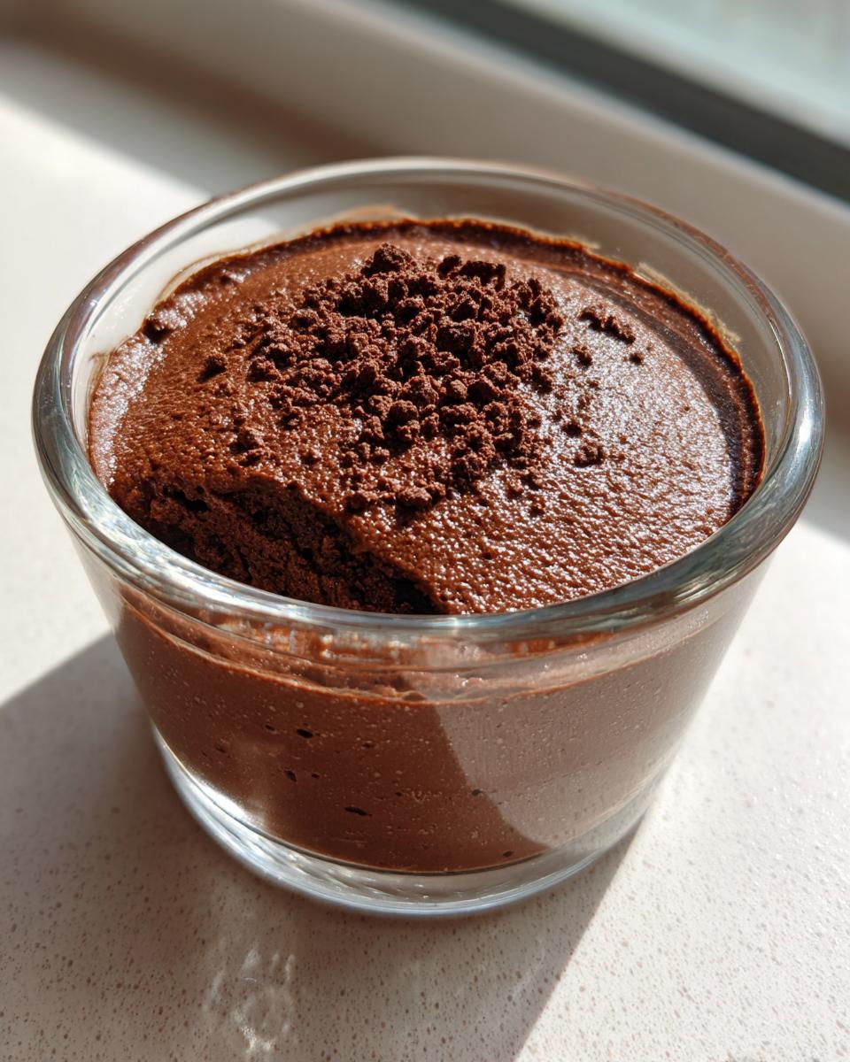 A single serving of rich, dark chocolate mousse topped with chocolate shavings in a clear glass cup.