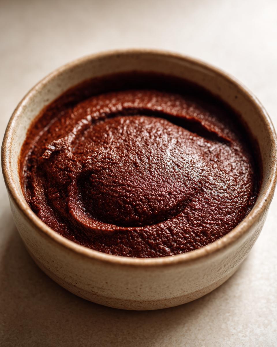 Close-up of thick, rich chocolate pudding swirled in a small, speckled ceramic bowl.