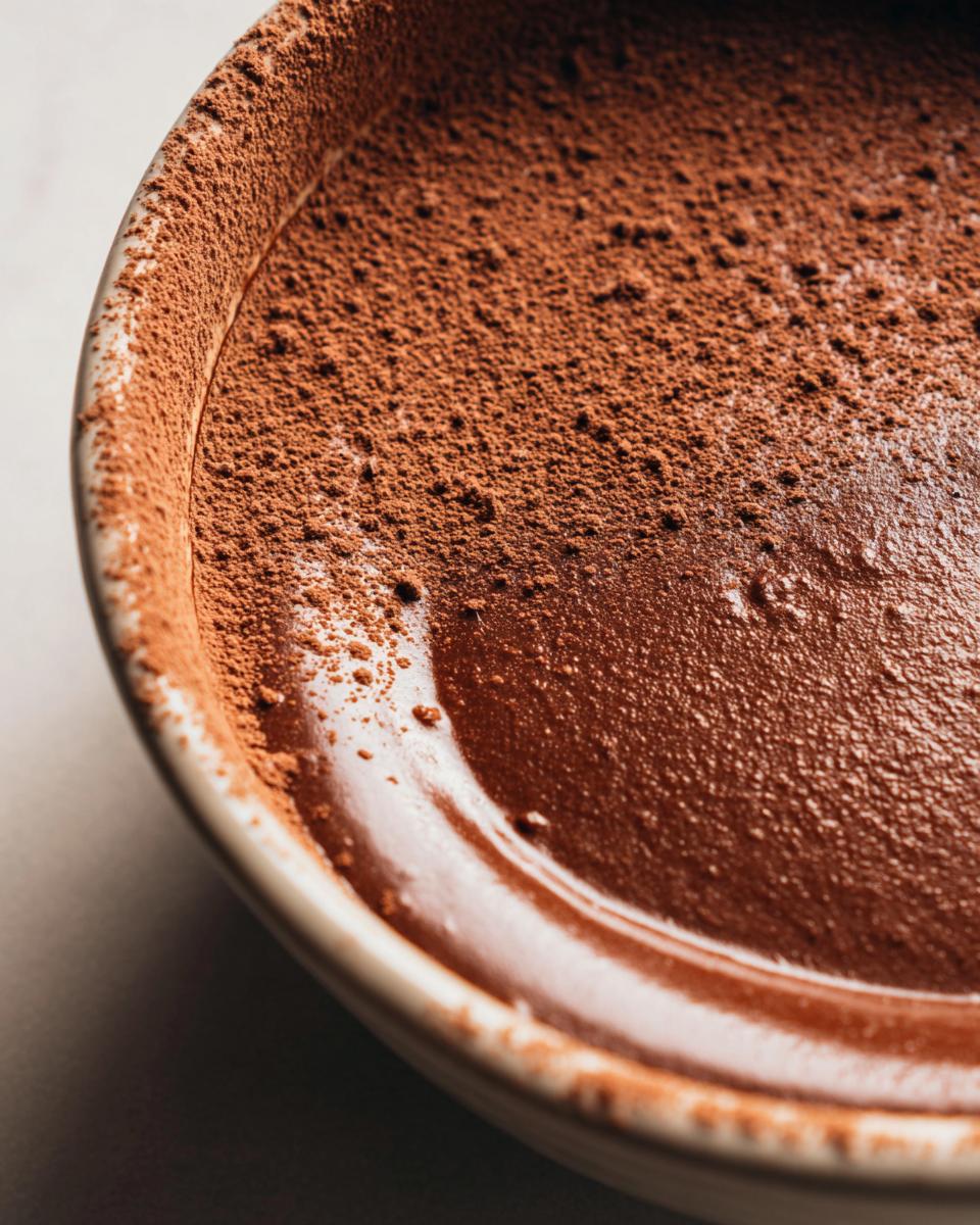 Close-up of rich, glossy chocolate pudding dusted heavily with cocoa powder in a small bowl.