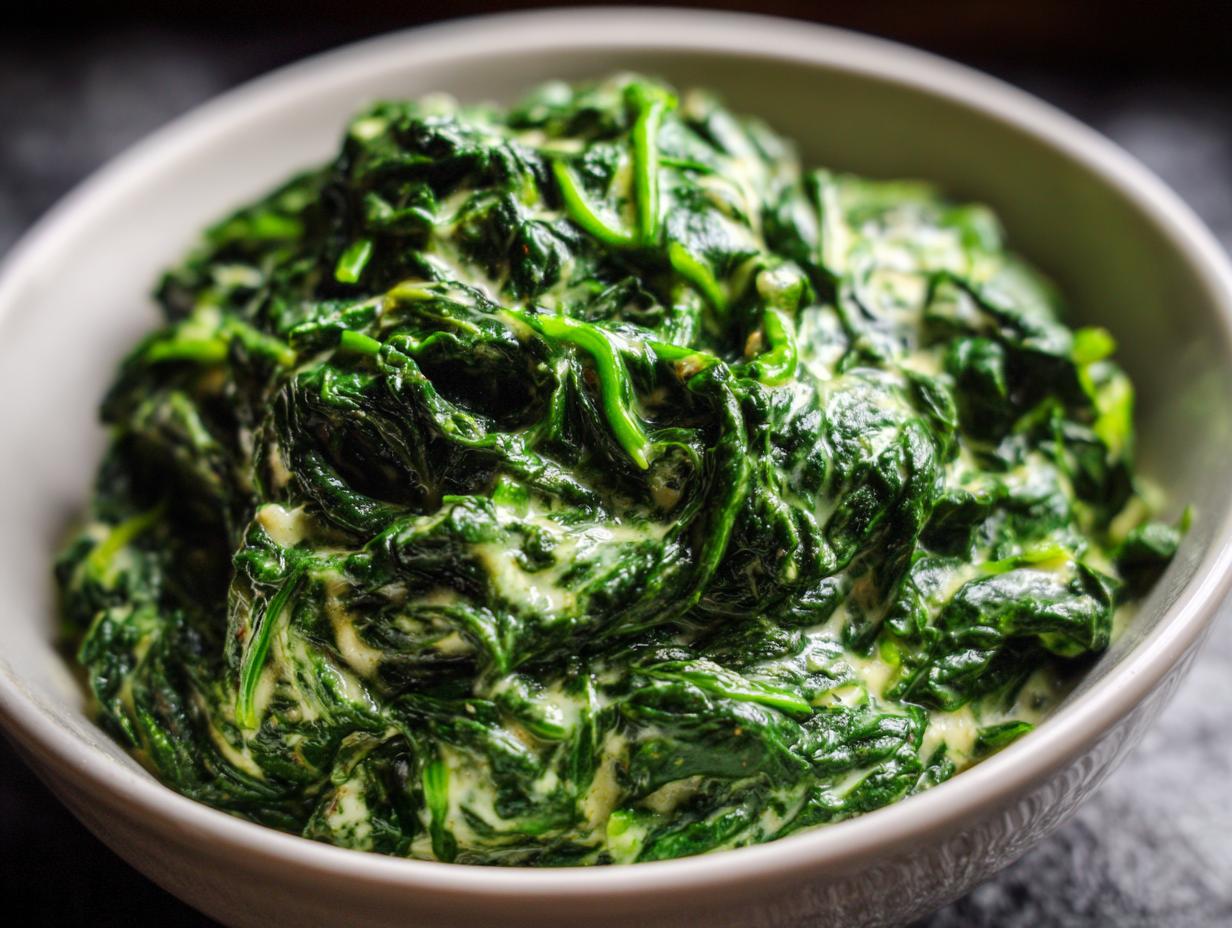 Close-up of rich, vibrant green creamed spinach recipe served in a light gray bowl.