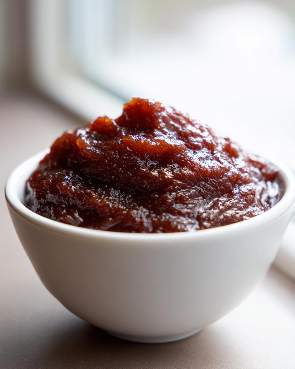 A close-up of thick, dark brown homemade apple butter mounded in a small white bowl.