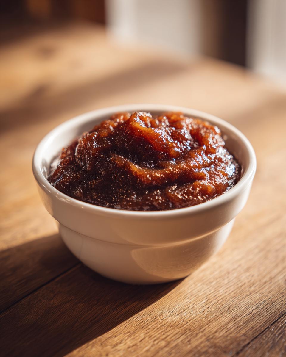 A small white bowl filled with thick, dark brown pear butter sitting on a wooden table.