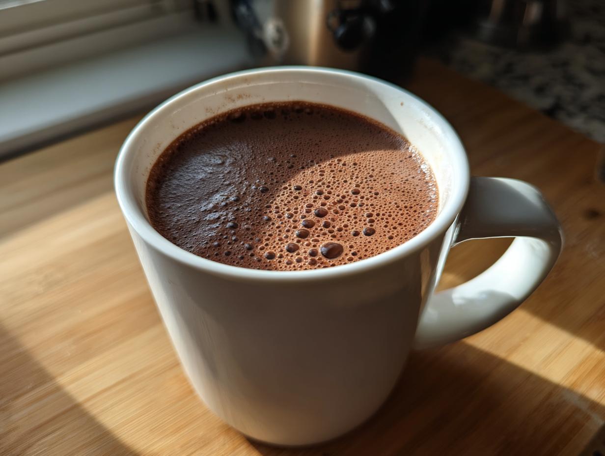 A close-up of a white mug filled with rich, dark french hot chocolate topped with small bubbles.