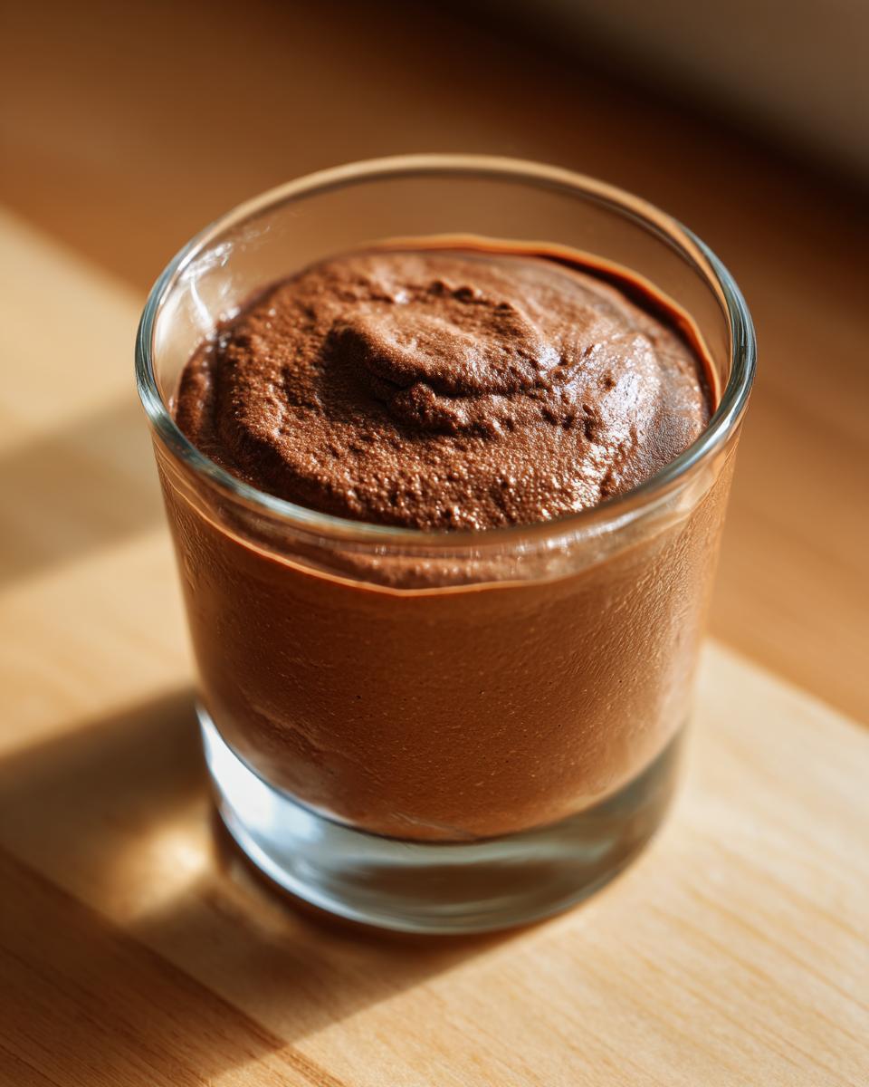 A close-up of rich, thick homemade chocolate pudding served in a small clear glass.