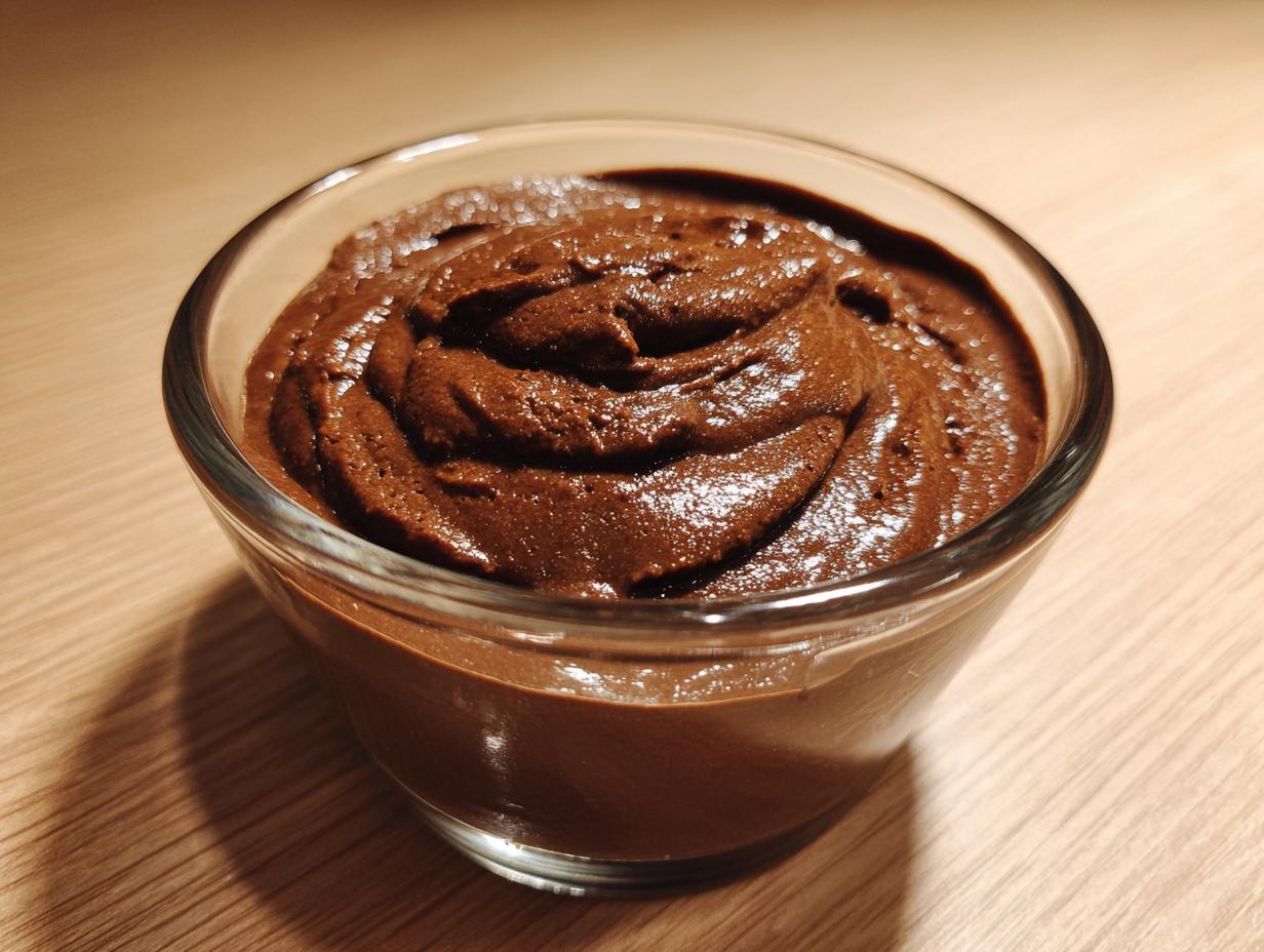 A close-up of thick, rich homemade chocolate pudding swirled in a small clear glass serving bowl.