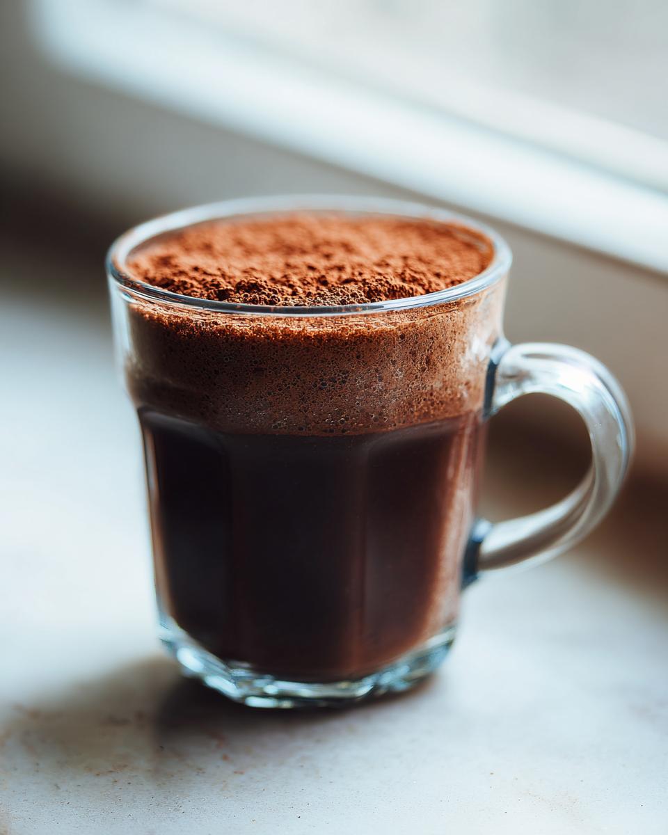 A glass mug filled with dark, rich hot cocoa mix topped with a layer of foamy froth and dusted with cocoa powder.