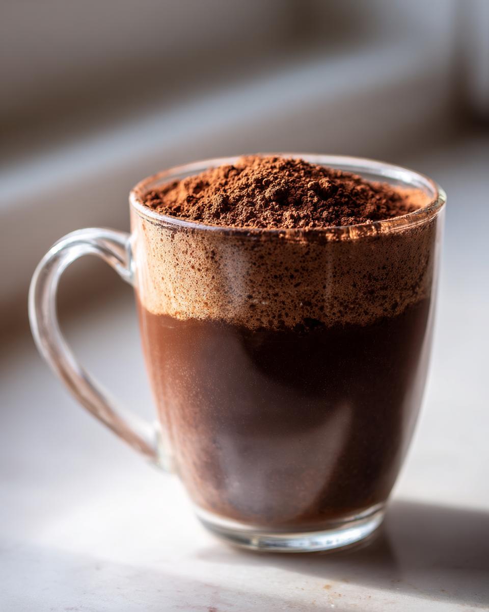 A clear glass mug filled with dark hot cocoa, topped with a mound of dry hot cocoa mix powder.