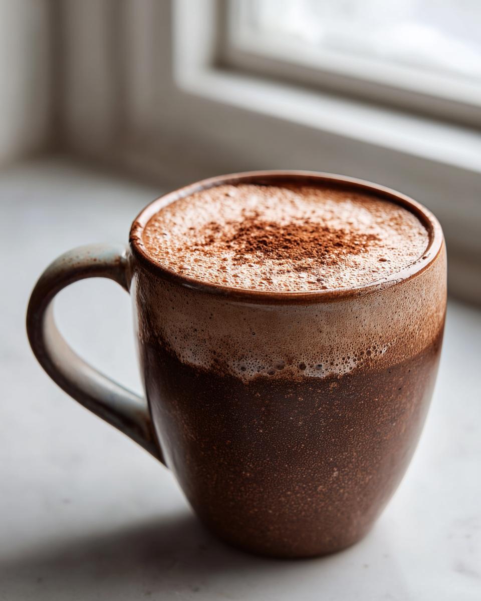 A close-up of a rich mexican hot chocolate in a speckled brown mug, topped with foam and cocoa powder.