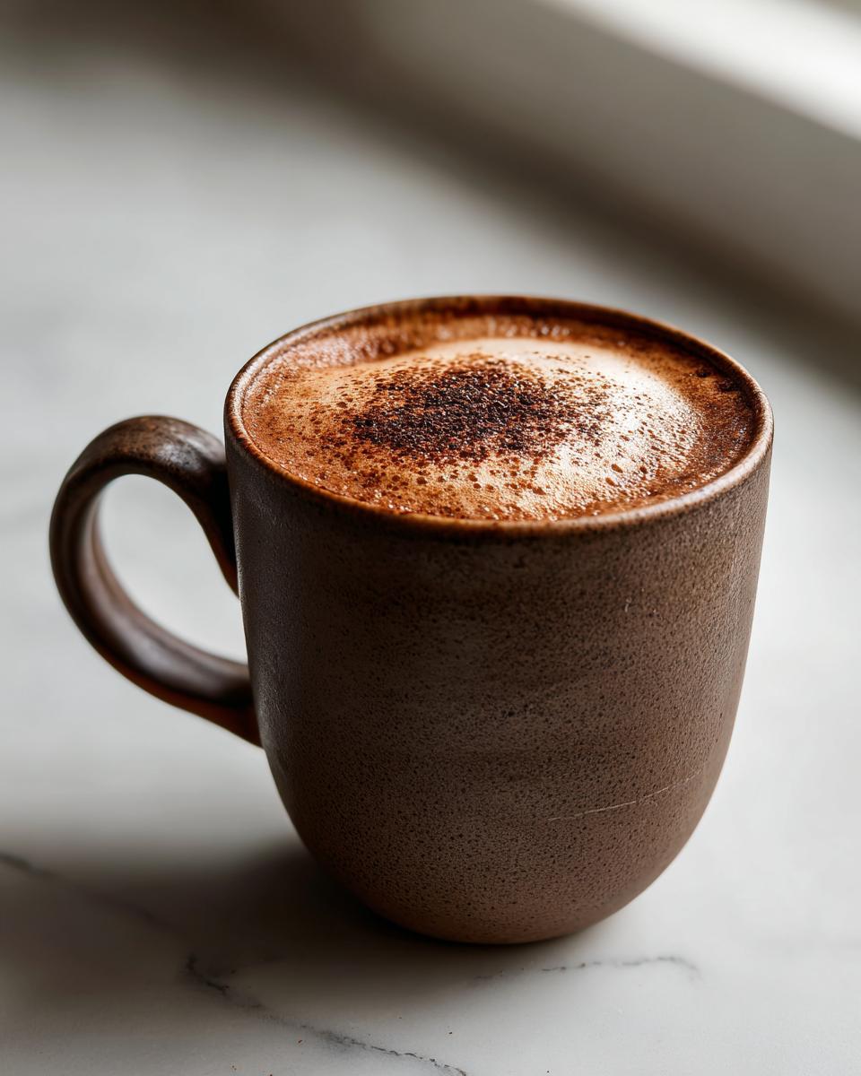 A close-up of rich mexican hot chocolate topped with foam and cinnamon in a textured brown mug.