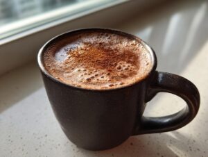 Close-up of rich Mexican hot chocolate topped with froth and cinnamon in a dark ceramic mug.