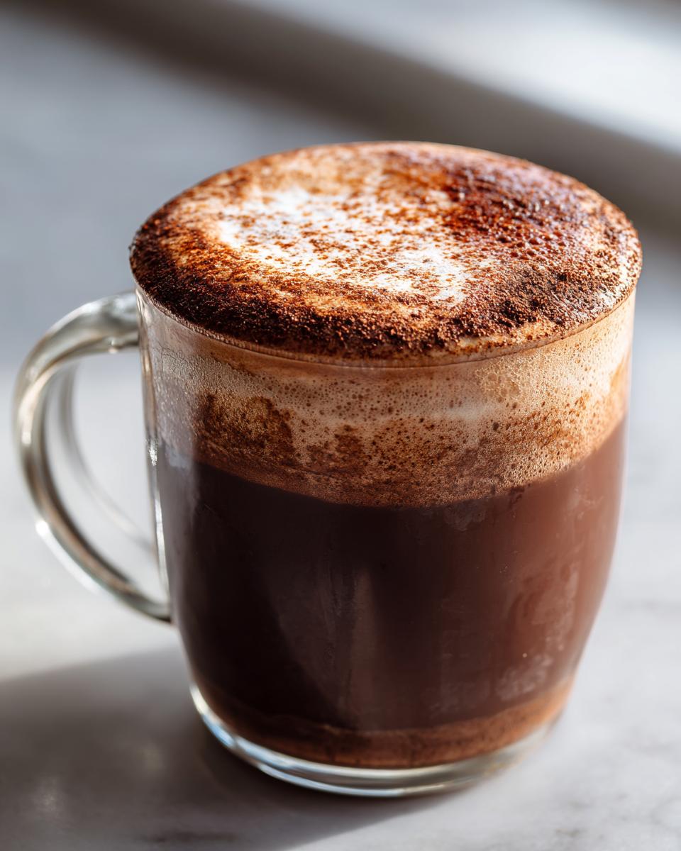 Close-up of rich mexican hot chocolate with a thick, foamy top dusted with cocoa powder.