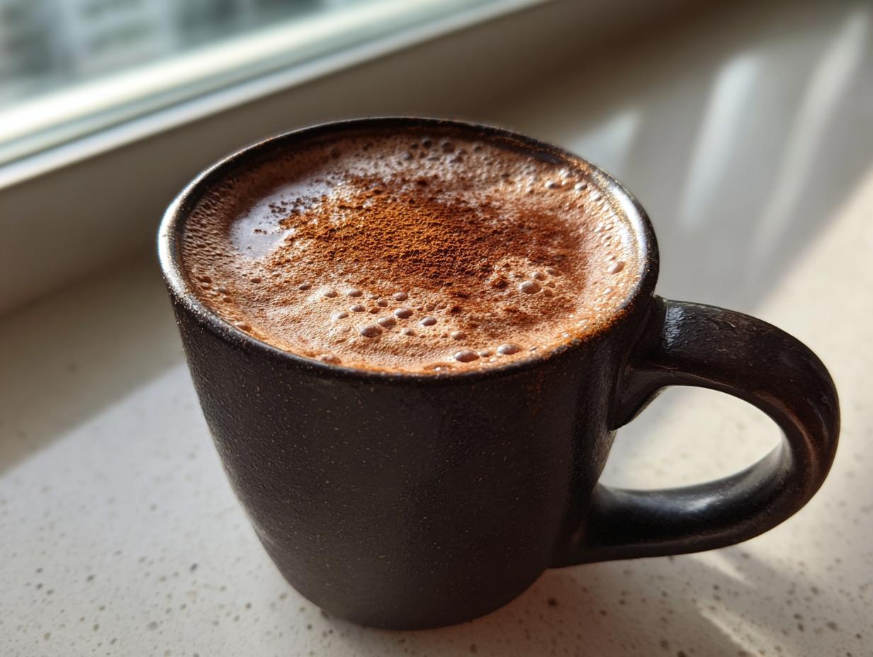 Close-up of rich Mexican hot chocolate topped with froth and cinnamon in a dark ceramic mug.