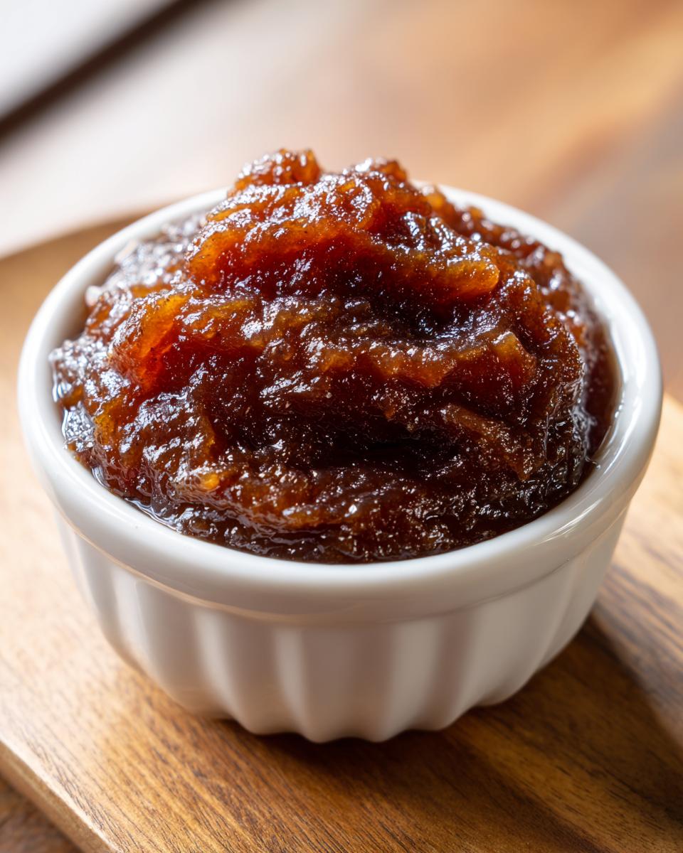 Close-up of thick, dark brown homemade pear butter served in a small white ramekin on a wooden surface.