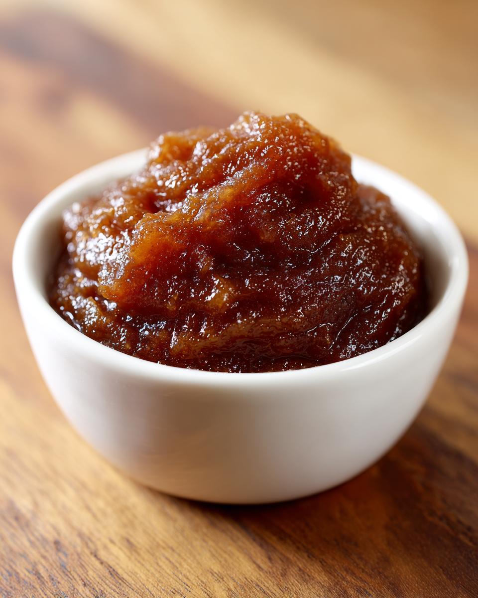 A close-up of thick, dark brown pear butter mounded in a small white ceramic bowl on a wooden surface.