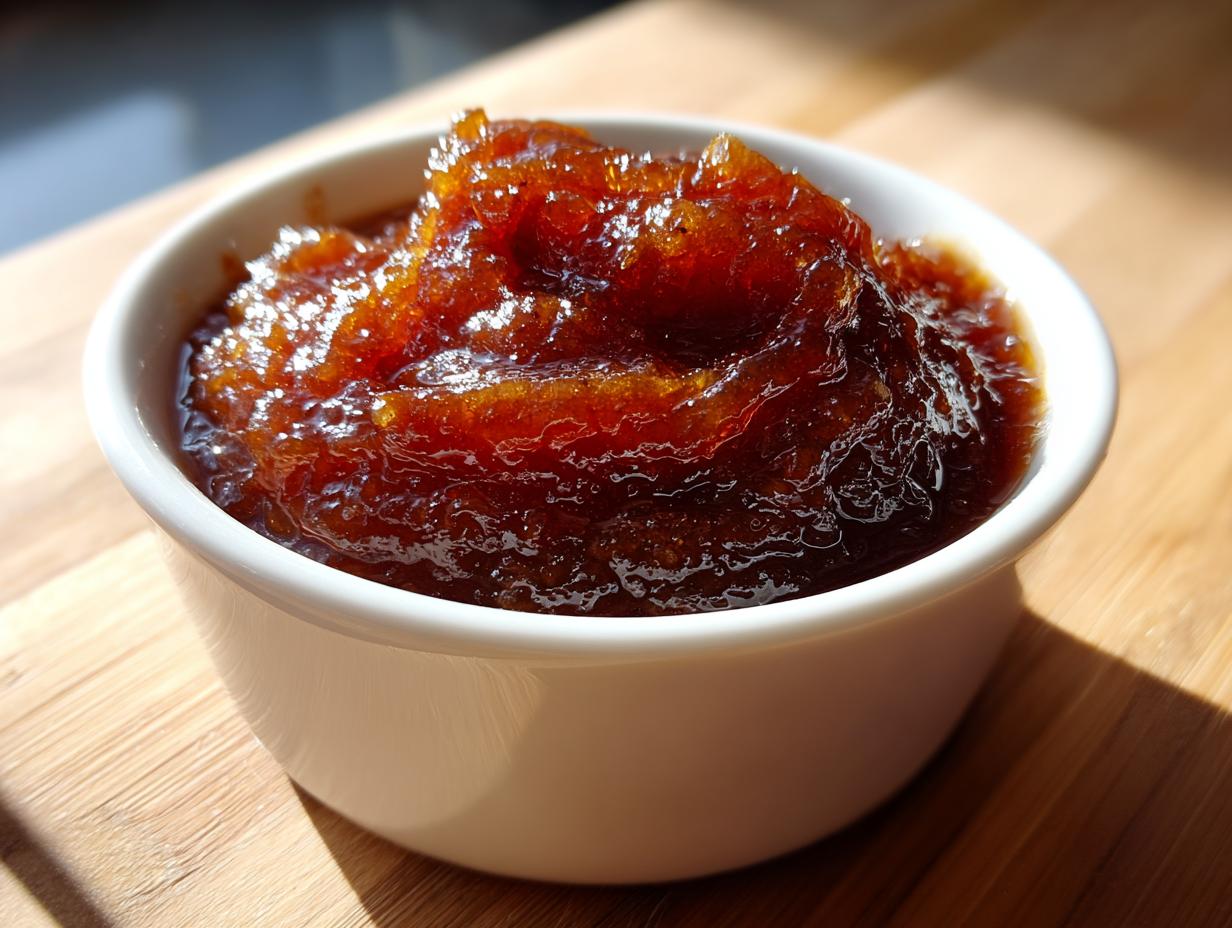 A close-up of thick, dark amber pear butter served in a small white ramekin on a wooden surface.
