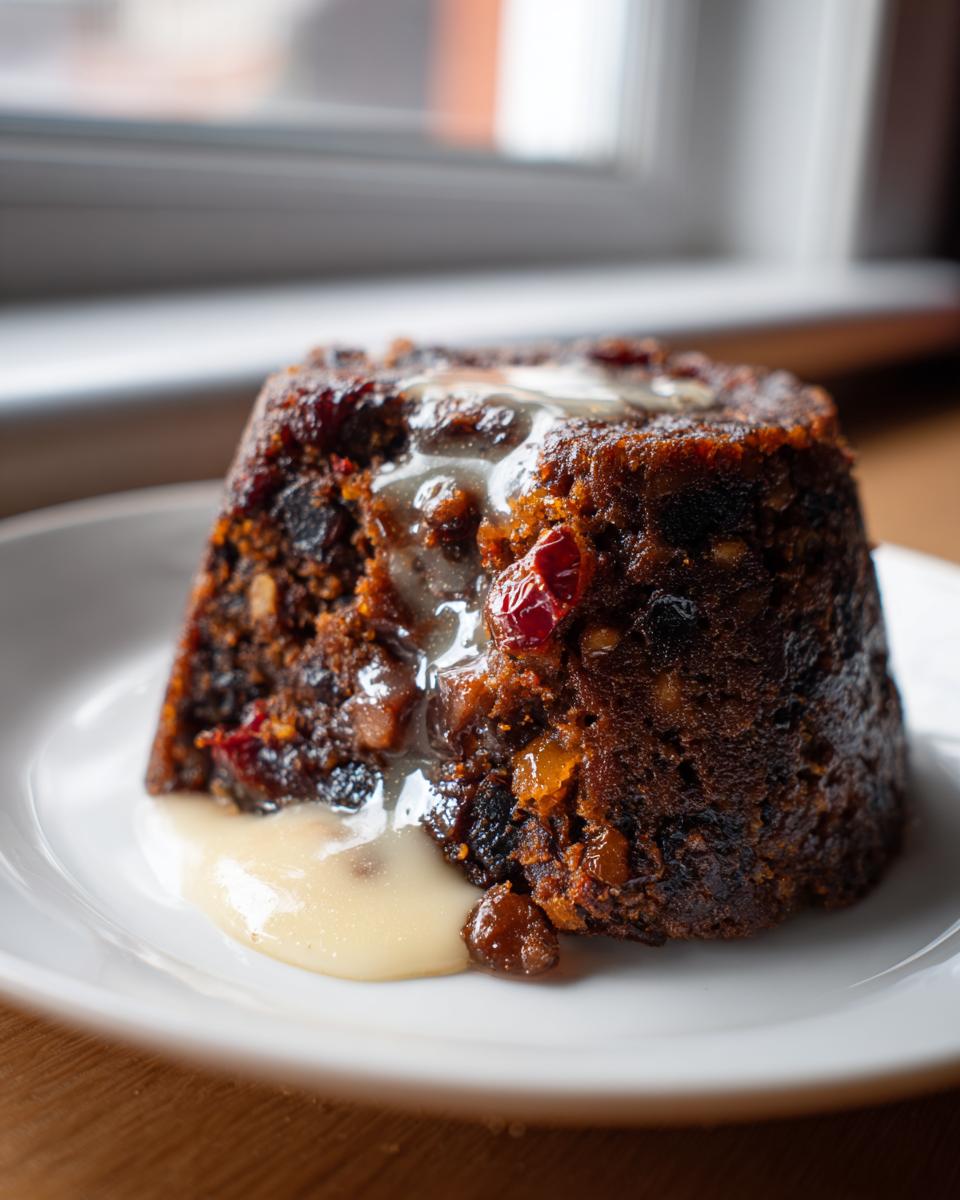 A close-up of a rich, dark plum pudding served on a white plate, generously covered with pouring custard.