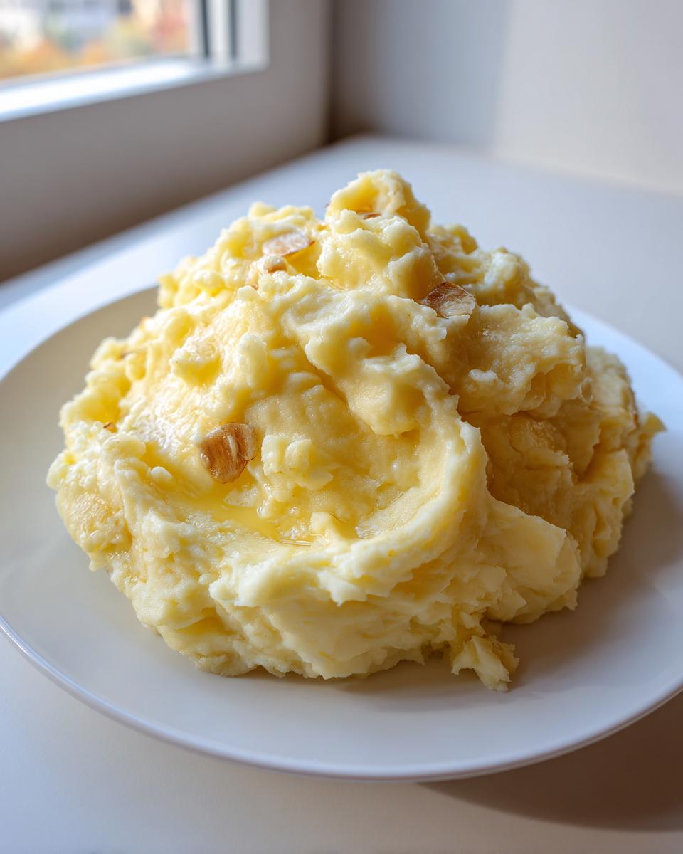 A generous serving of fluffy roasted garlic mashed potatoes topped with melted butter and visible roasted garlic pieces.