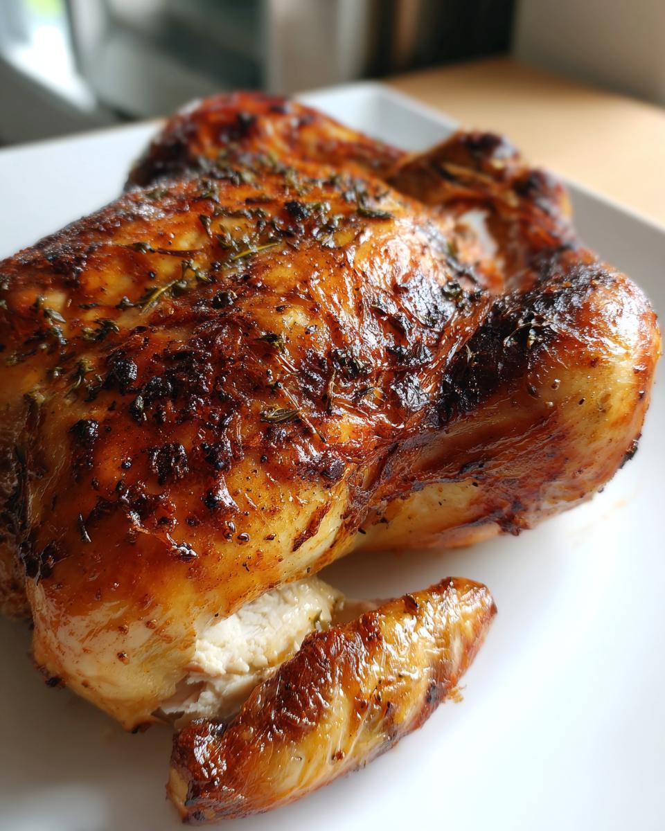 Close-up of a beautifully roasted spatchcock chicken with golden, herb-crusted skin resting on a white plate.