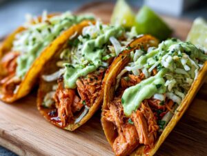 Three crispy salmon tacos filled with shredded salmon, cabbage slaw, and drizzled with a creamy green sauce, served with lime wedges.
