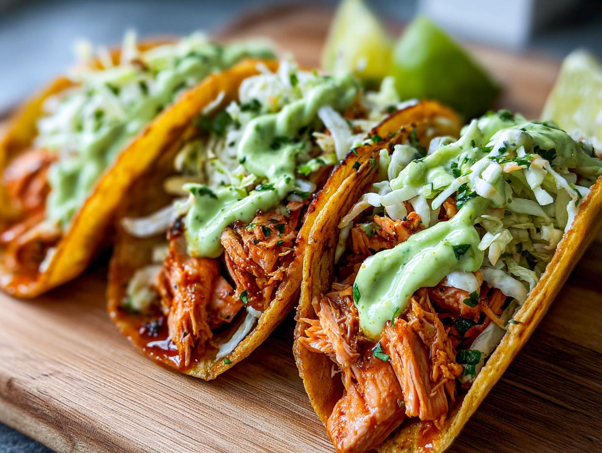 Three crispy salmon tacos filled with shredded salmon, cabbage slaw, and drizzled with a creamy green sauce, served with lime wedges.