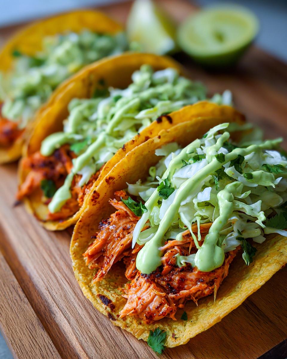 Close-up of three delicious salmon tacos filled with seasoned salmon, cabbage slaw, and drizzled with green sauce.
