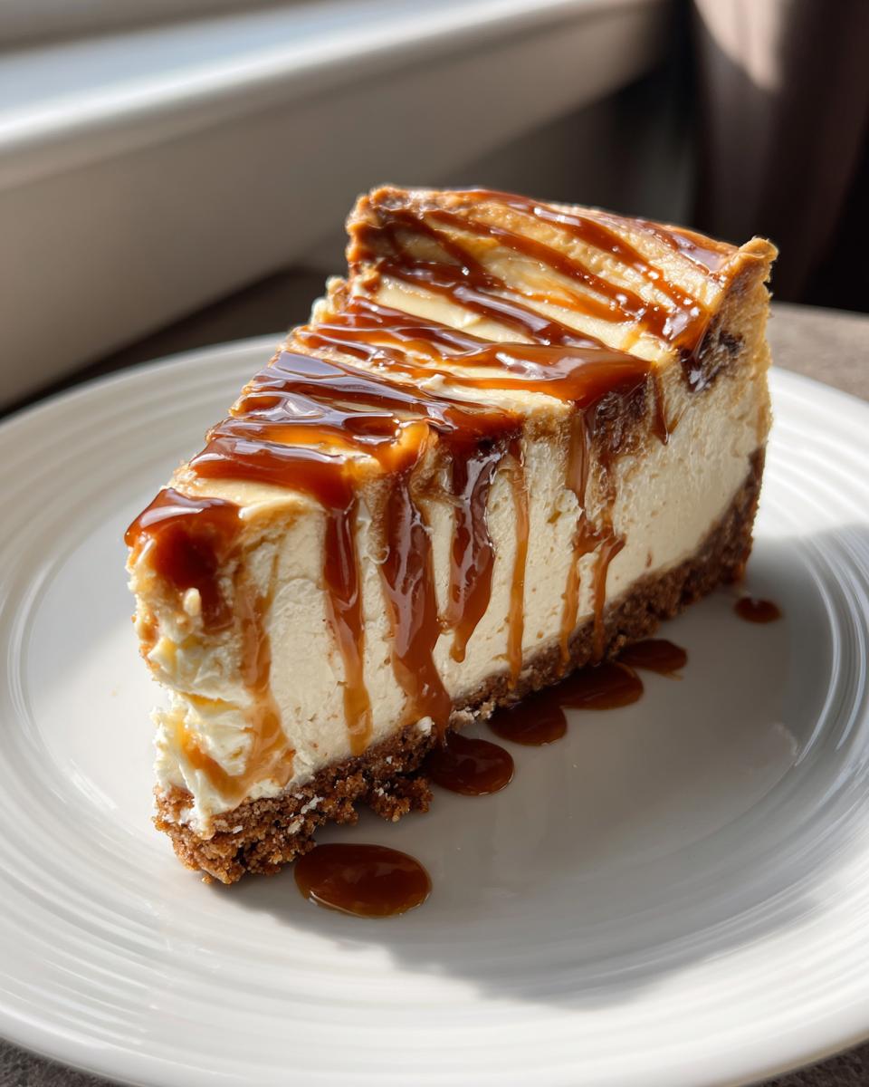A decadent slice of salted caramel cheesecake with thick caramel sauce drizzled over the top, sitting on a white plate.