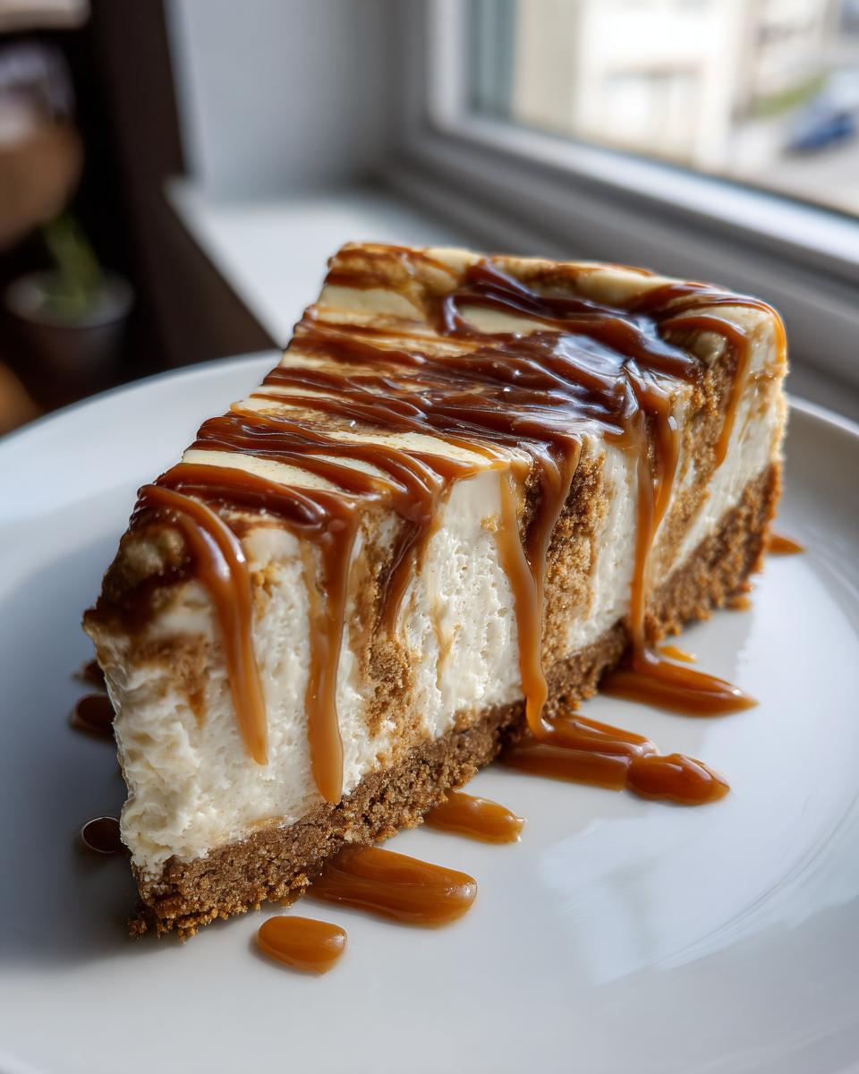 A decadent slice of salted caramel cheesecake with a thick graham cracker crust and rich caramel drizzle.