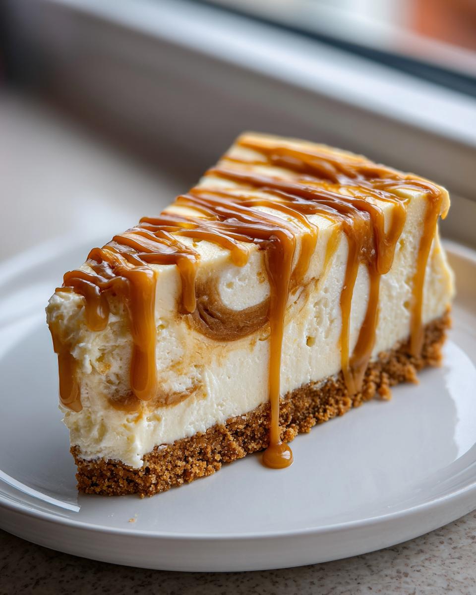 A decadent slice of salted caramel cheesecake with a thick graham cracker crust and rich caramel sauce drizzled over the top.