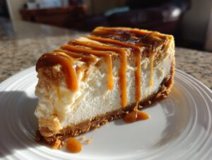 A rich slice of homemade salted caramel cheesecake with thick caramel sauce dripping down the sides.