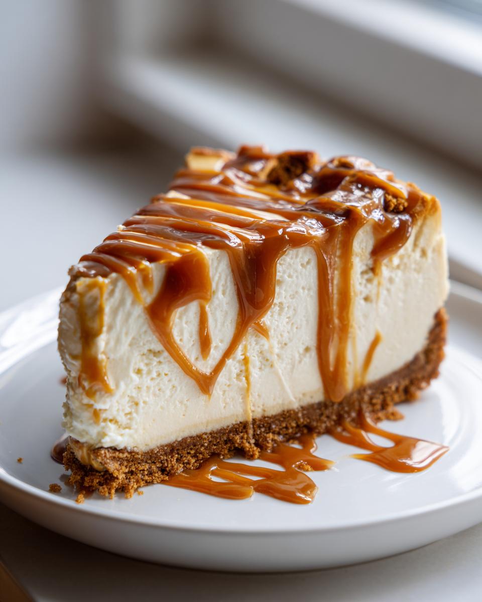 A decadent slice of creamy salted caramel cheesecake with thick caramel drizzle.