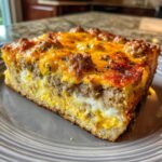 A thick slice of sausage gravy breakfast pizza showing layers of crust, egg, sausage, and melted cheddar cheese.